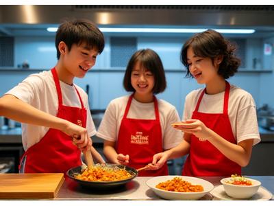 A group of enthusiastic teenagers, aged 13-15, collaborating in a modern kitchen, passionately preparing Korean street food like Tteokbokki. They are actively engaged, laughing, and showing teamwork in a dynamic, slightly messy but fun cooking environment.