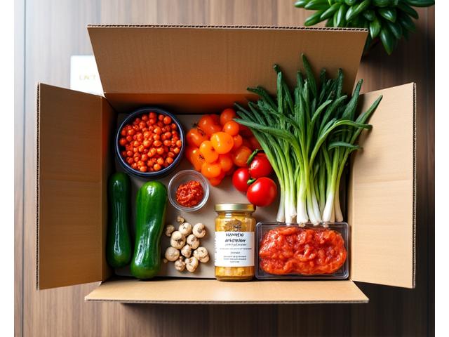 A beautifully unboxed Korean ingredient delivery box with fresh, vibrant vegetables, sauces, and spices, with a glimpse of a delivery map.