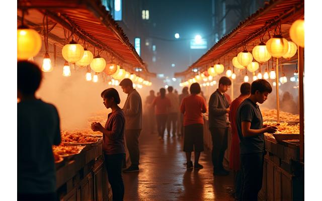 Vibrant Korean street food market scene at night with glowing food stalls and people enjoying snacks