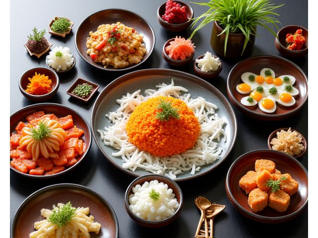 아름답게 차려진 고급 한정식 상. 육회, 갈비찜, 잡채, 김치, 그리고 다양한 반찬이 조화롭게 놓여 있습니다. 전체적으로 고급스럽고 정갈한 느낌을 줍니다.