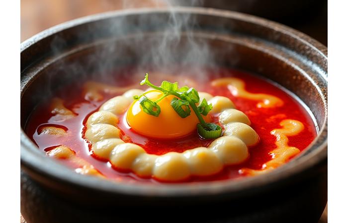 A bubbling pot of Sundubu Jjigae (soft tofu stew) being served hot, with steam rising and fresh garnishes.