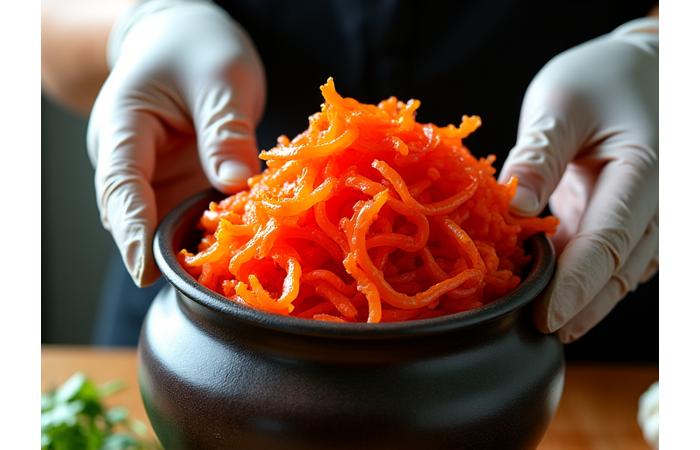 Freshly made traditional Napa cabbage kimchi being packed into a jar, showing the vibrant red color and texture.