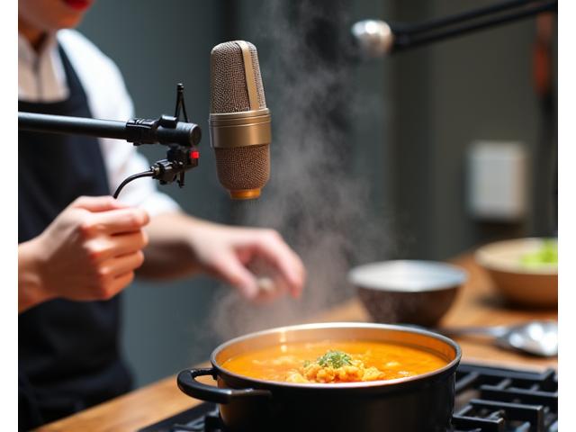 A chef speaking clearly into a studio microphone during a cooking tutorial, emphasizing professional audio quality.